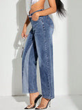 Contrast Patchwork Straight Jeans with Pockets - Trendsi