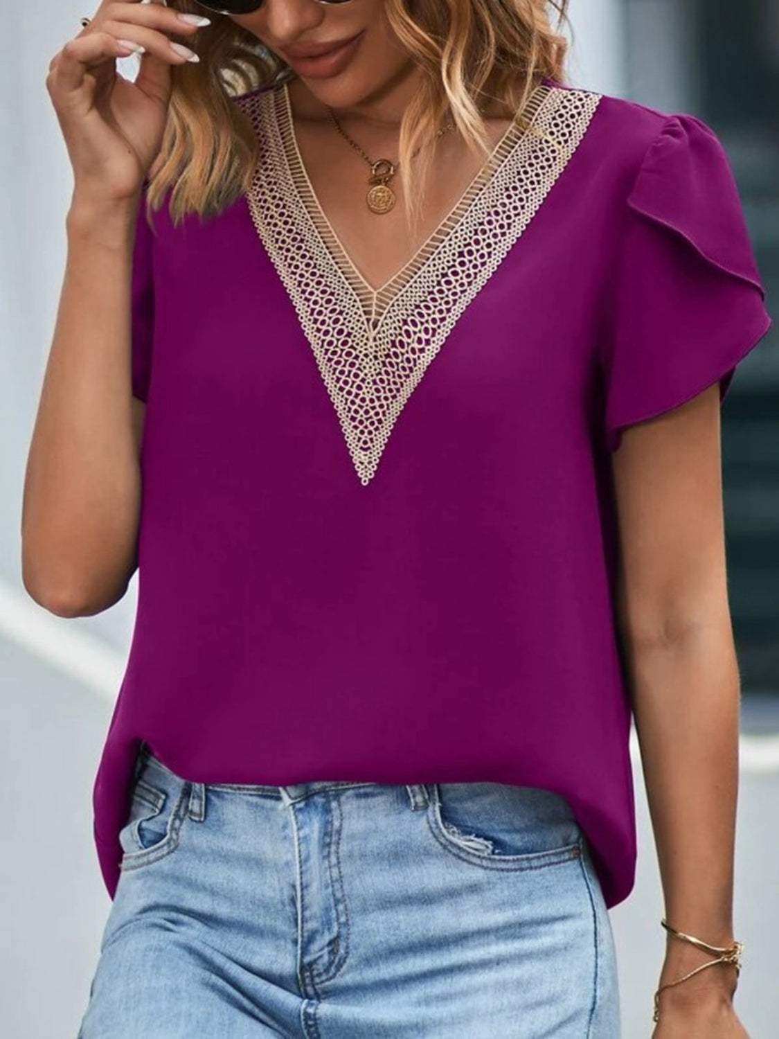 V-Neck Petal Sleeve Blouse - Trendsi - Flyclothing LLC
