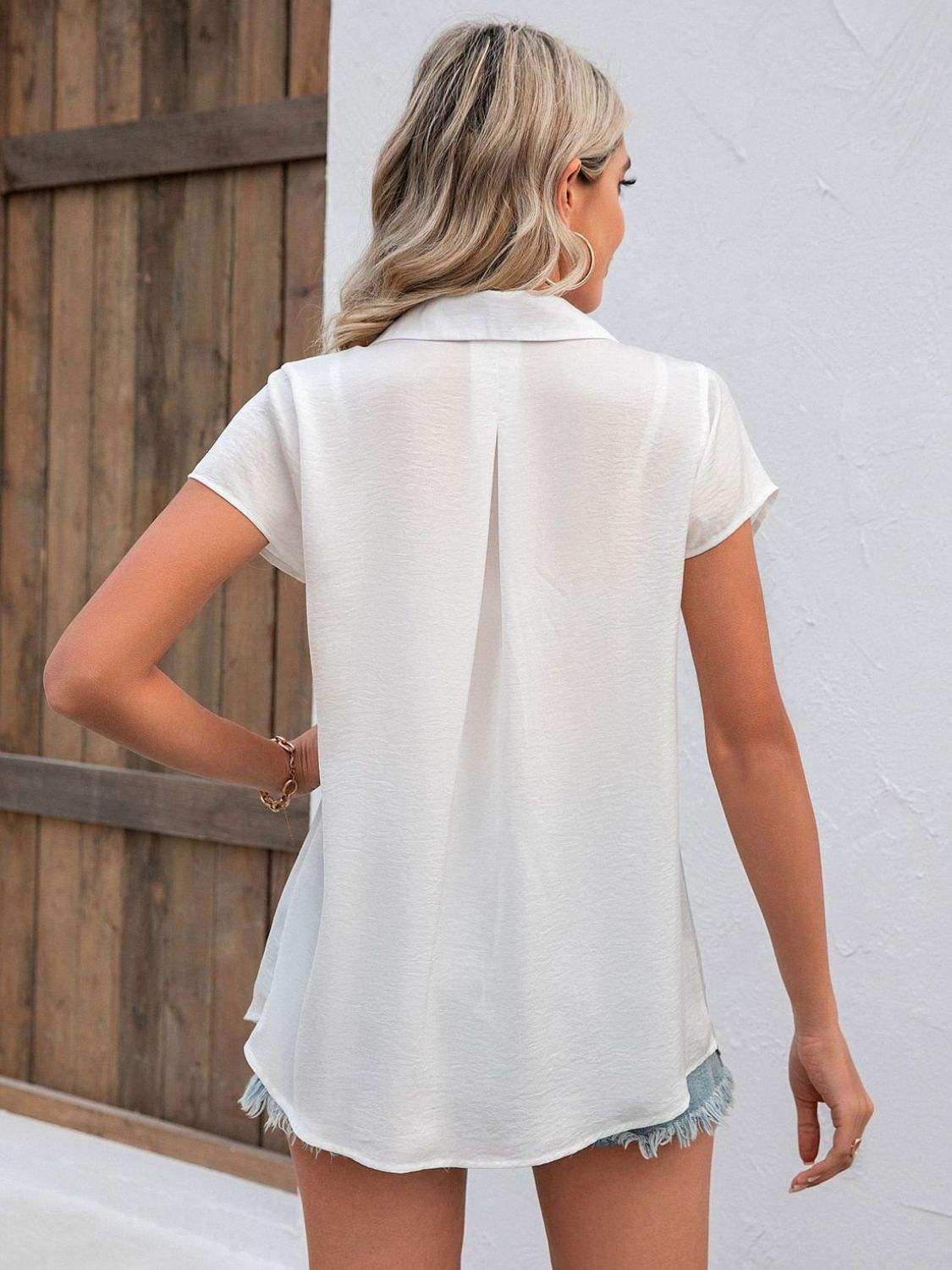 Button Up Collared Neck Short Sleeve Shirt - Trendsi - Flyclothing LLC