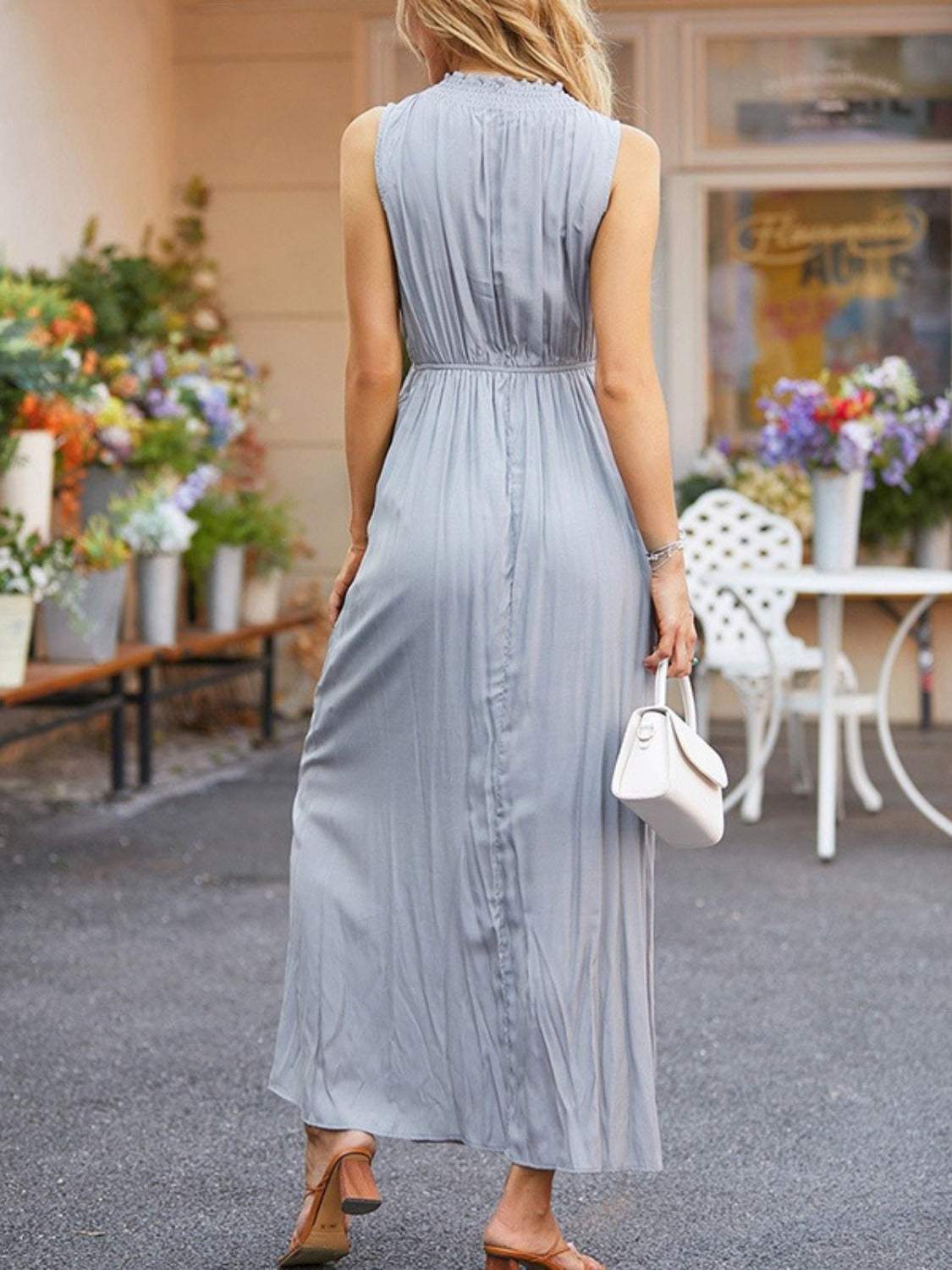 Ruched Notched Sleeveless Midi Dress - Trendsi - Flyclothing LLC