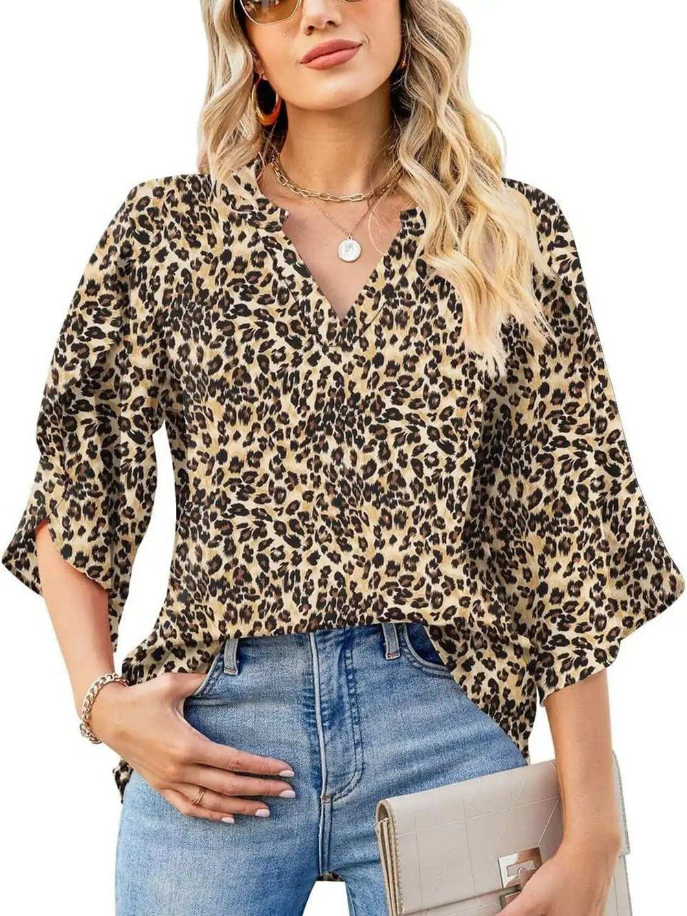 Printed Notched Half Sleeve Blouse - Trendsi - Flyclothing LLC