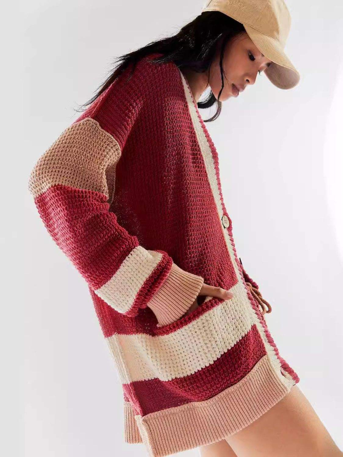 Pocketed Contrast V-Neck Long Sleeve Cardigan - Trendsi - Flyclothing LLC