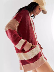 Pocketed Contrast V-Neck Long Sleeve Cardigan - Trendsi