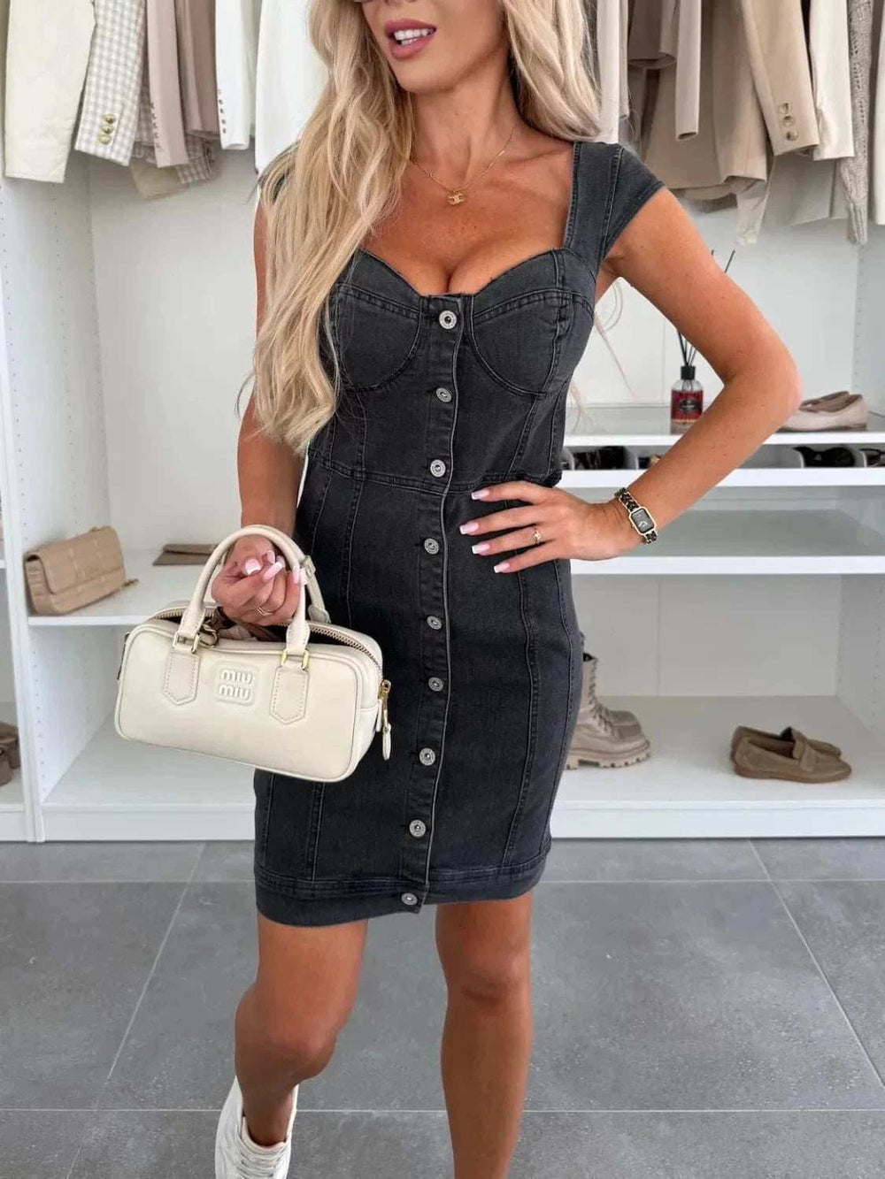 Sweetheart Neck Cap Sleeve Denim Dress - Trendsi - Flyclothing LLC