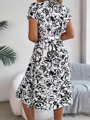 Printed V-Neck Short Sleeve Dress - Trendsi