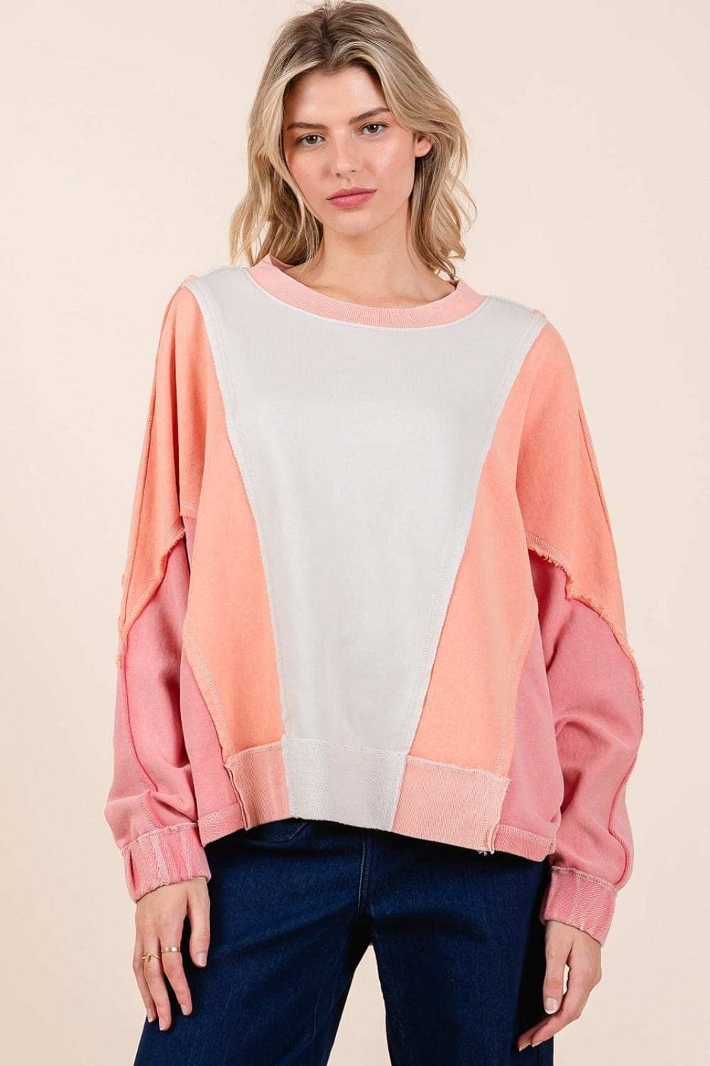 Mittoshop Mineral Wash Color Block Sweatshirt - Trendsi - Flyclothing LLC