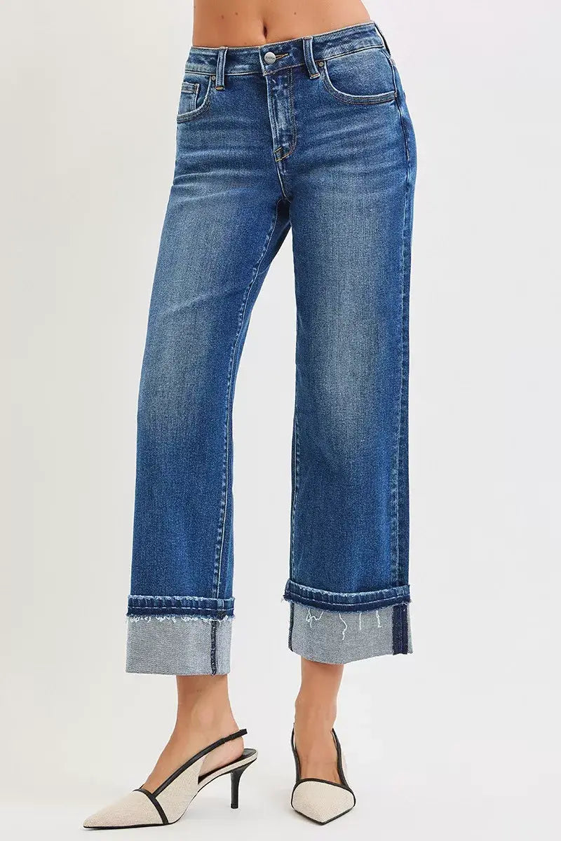 RISEN Mid Rise Ankle Straight Jeans with Cuffed Hem - Trendsi - Flyclothing LLC