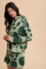 Annie Wear Flower Pattern Drawstring Hooded Top and Shorts Sweater Set - Trendsi