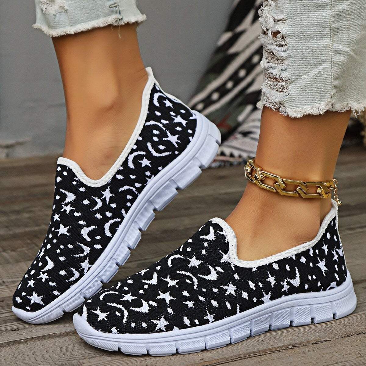 Star & Moon Pattern Flat Loafers - Trendsi - Flyclothing LLC