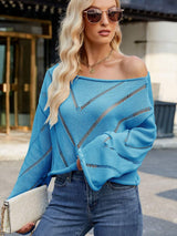 Openwork Boat Neck Long Sleeve Sweater - Trendsi - Flyclothing LLC