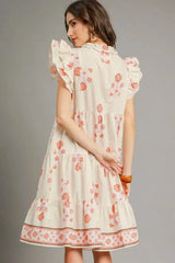 Umgee Printed Tie Neck Ruffle Cap Sleeve Dress - Trendsi - Flyclothing LLC