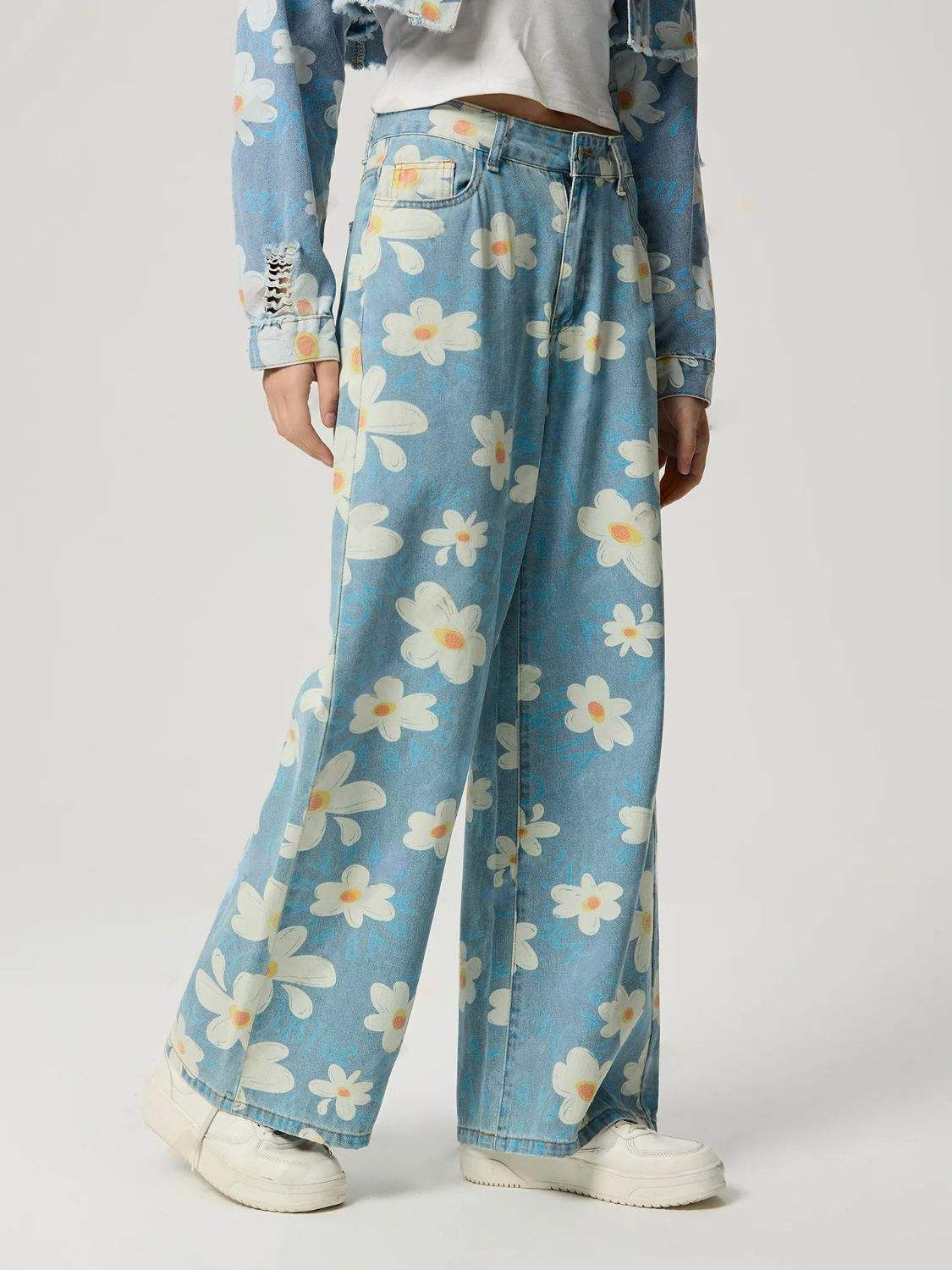Pocketed Floral Wide Leg Jeans - Trendsi - Flyclothing LLC