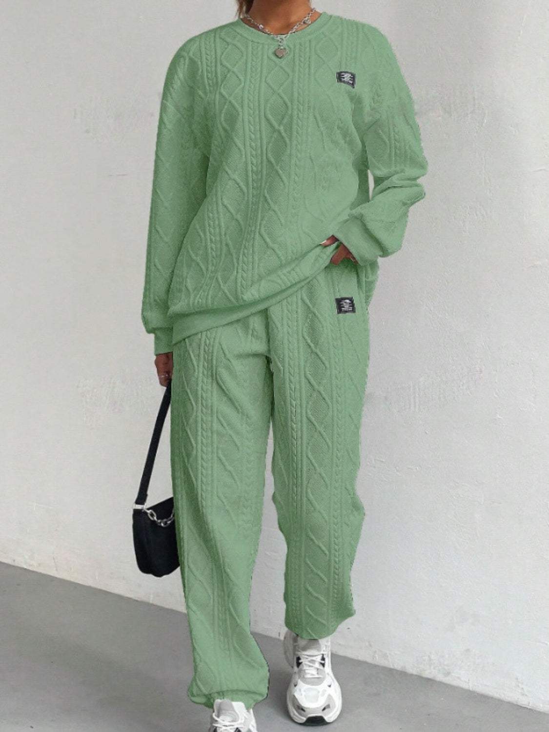 Texture Round Neck Long Sleeve Top and Pants Set - Trendsi - Flyclothing LLC