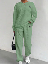 Texture Round Neck Long Sleeve Top and Pants Set - Trendsi - Flyclothing LLC