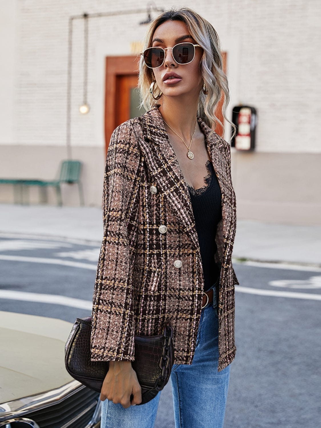 Full Size Plaid Lapel Collar Blazer - Trendsi