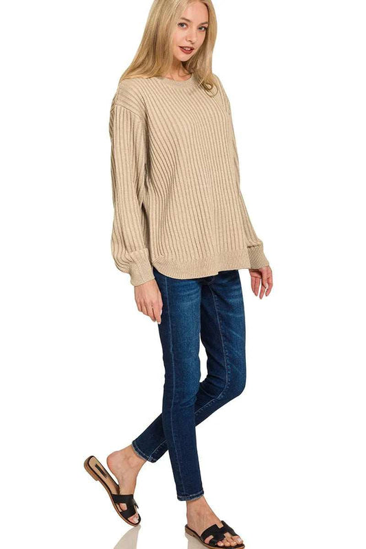 Zenana Curved Hem Two-Tone Ribbed Sweater - Trendsi - Flyclothing LLC