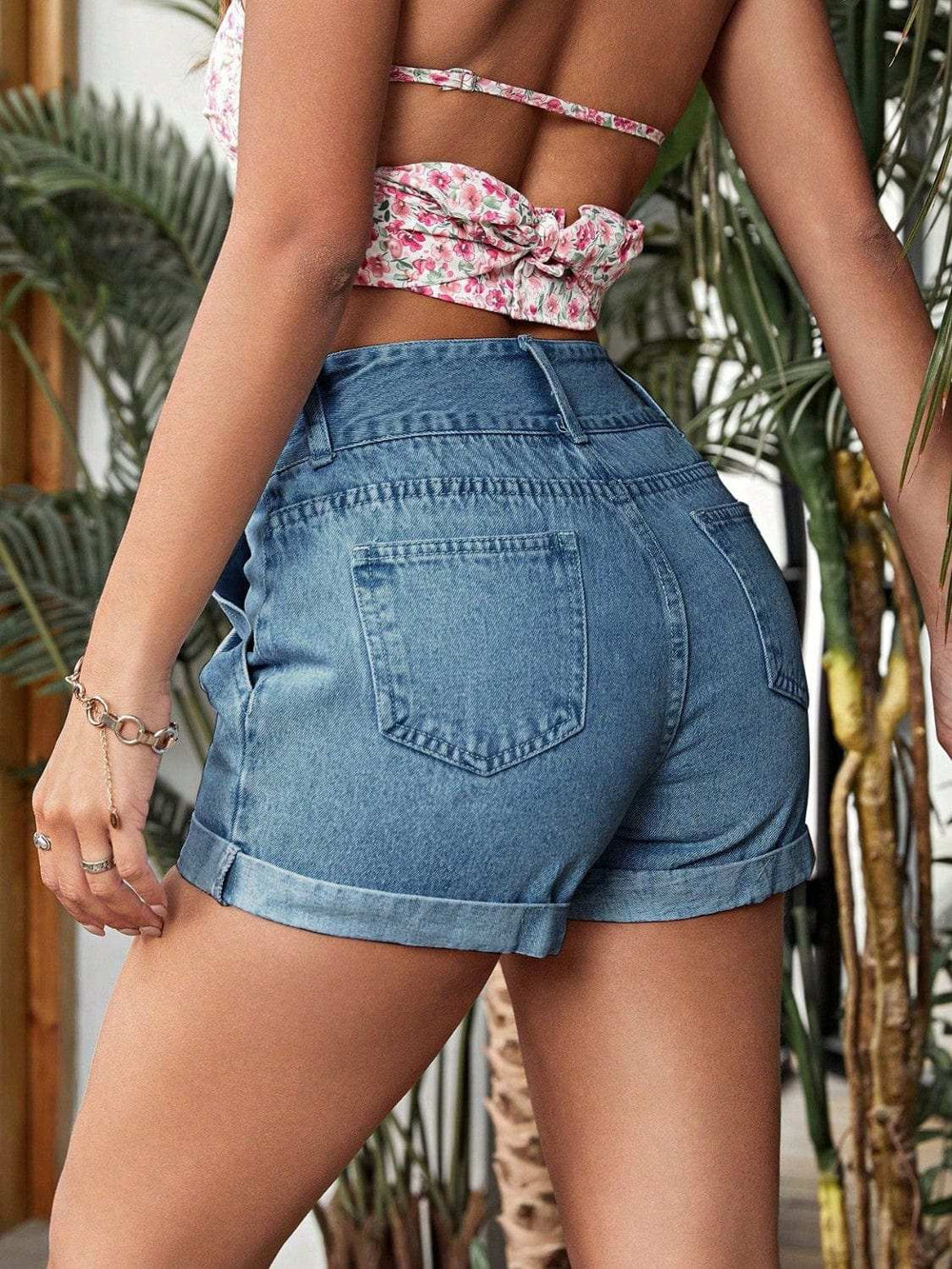 Pleated Detail High Rise Denim Shorts - Trendsi - Flyclothing LLC