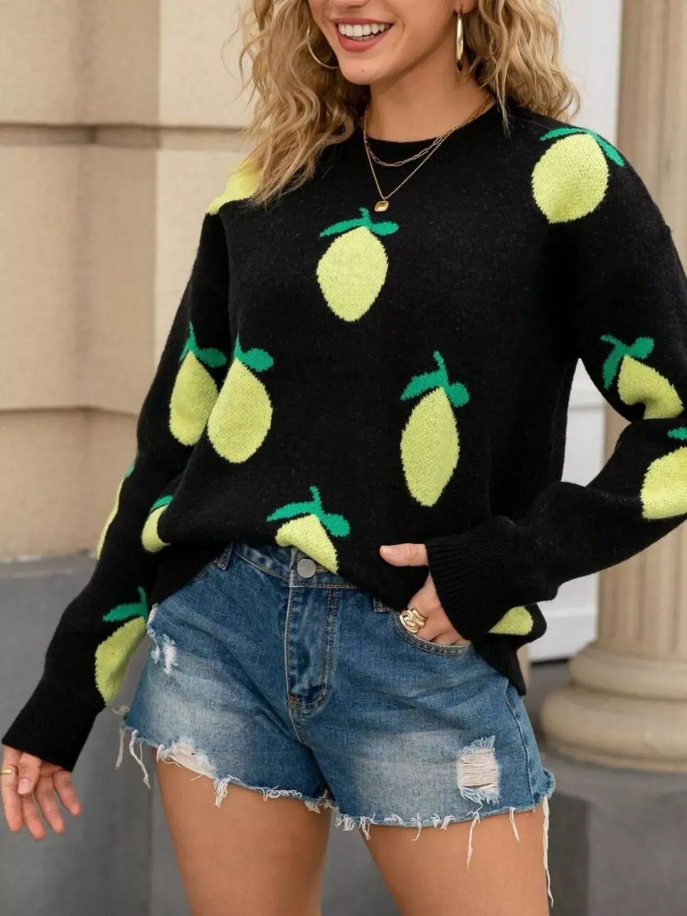 Lemon Crew Neck Round Neck Sweater - Trendsi - Flyclothing LLC