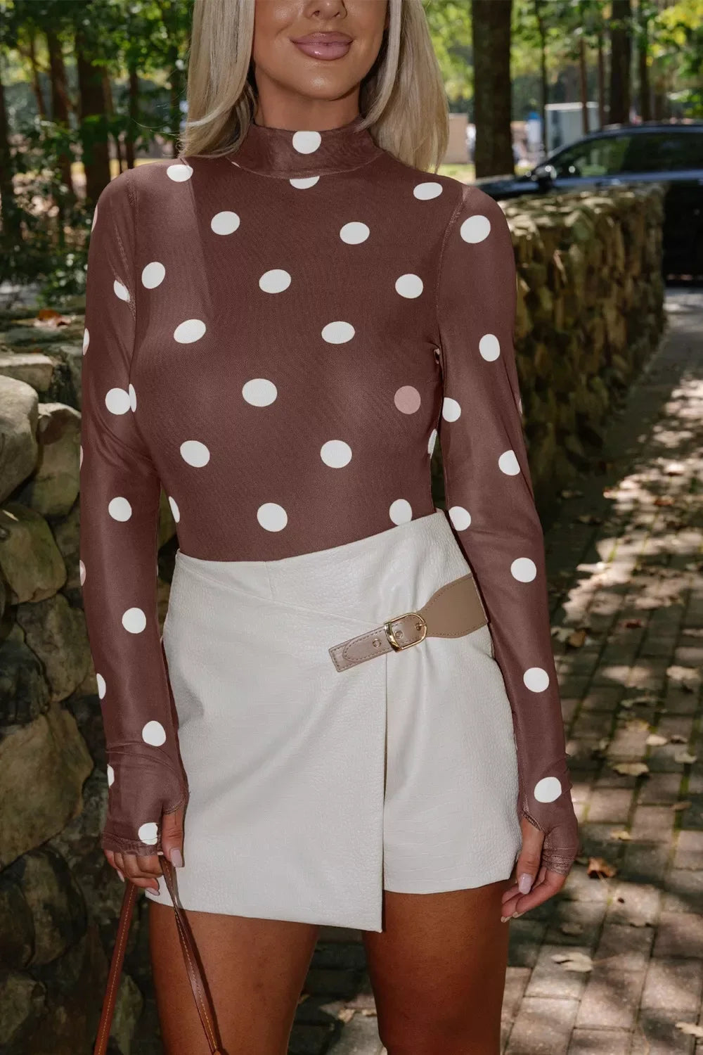 Vintage Polka Dot Print Mesh Long Sleeve Bodysuit - Trendsi - Flyclothing LLC