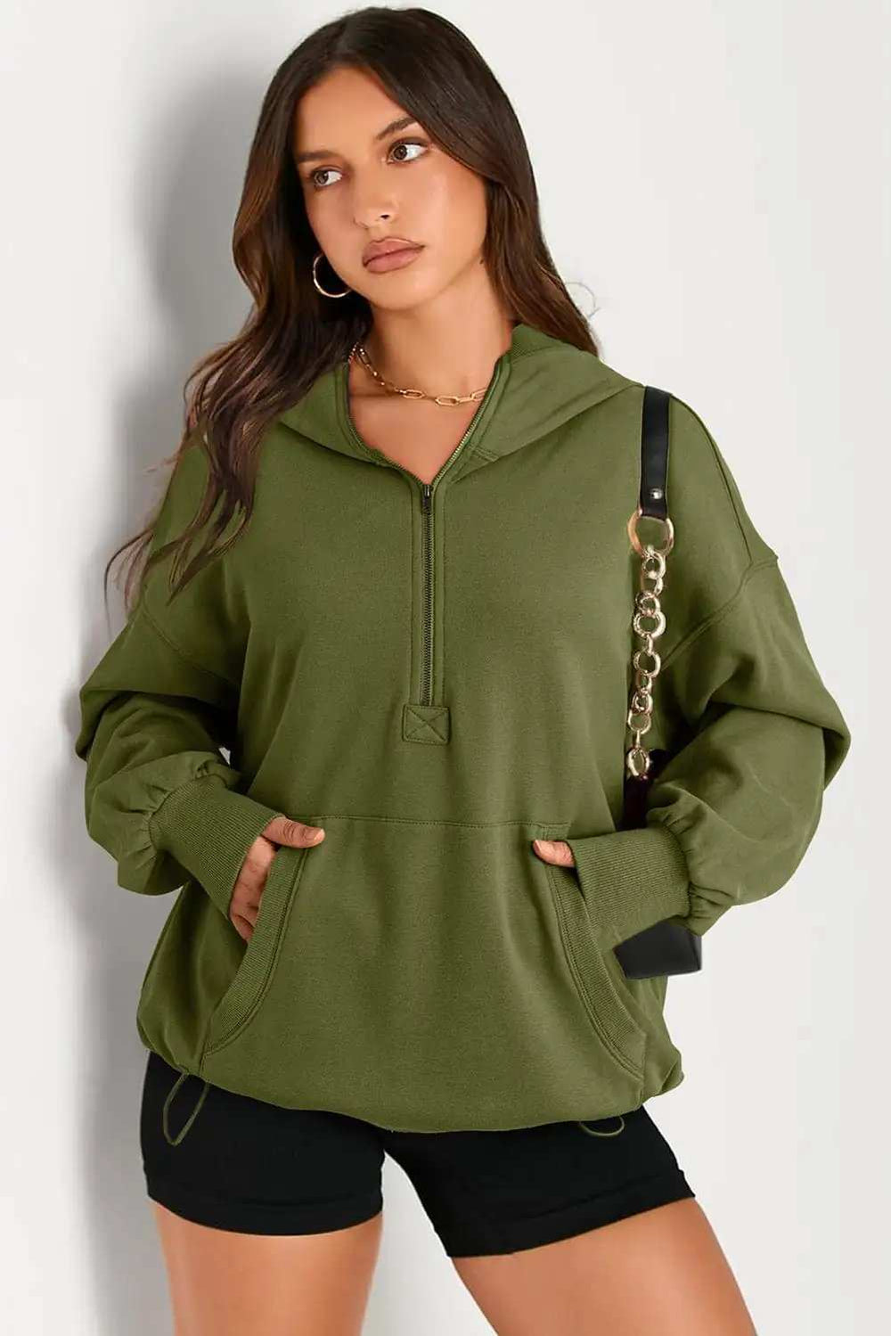 Pocketed Half Zip Long Sleeve Hoodie - Trendsi - Flyclothing LLC