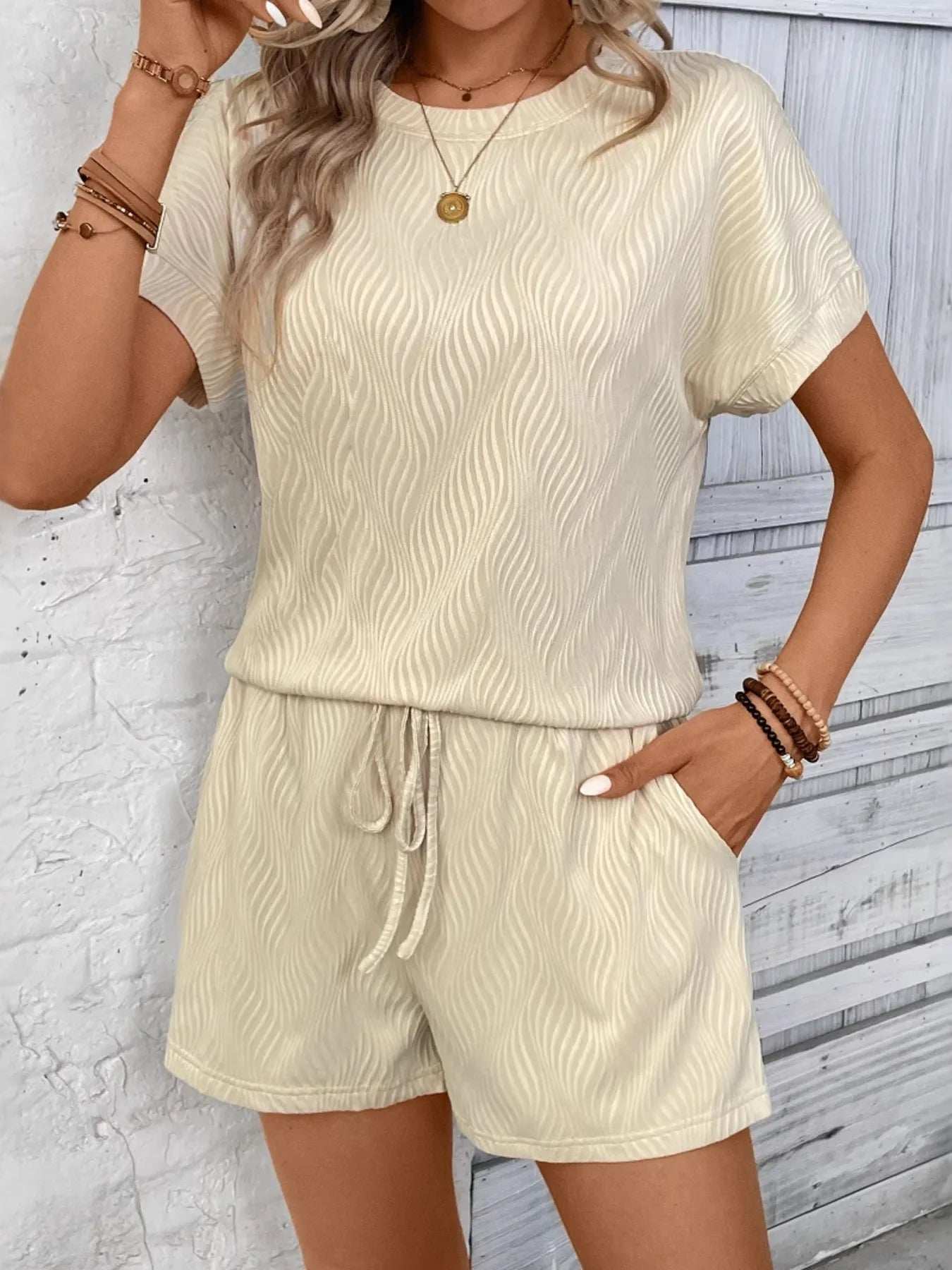 Textured Knit Round Neck Top and Shorts Set - Trendsi - Flyclothing LLC