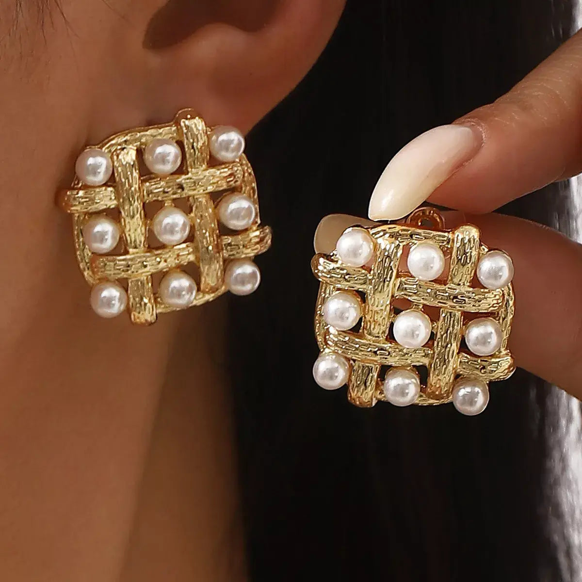 Pearl Grid Square Stud Earrings - Trendsi - Flyclothing LLC