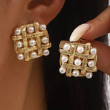 Pearl Grid Square Stud Earrings - Trendsi - Flyclothing LLC