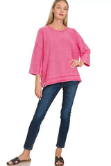 Zenana Washed 3/4 Sleeve Boxy Sweater - Trendsi - Flyclothing LLC