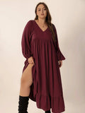 Plus Size Ruffled Hem V-Neck Balloon Sleeve Dress - Trendsi - Flyclothing LLC