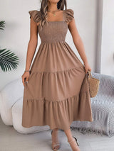 Smocked Square Neck Cap Sleeve Midi Dress - Trendsi - Flyclothing LLC
