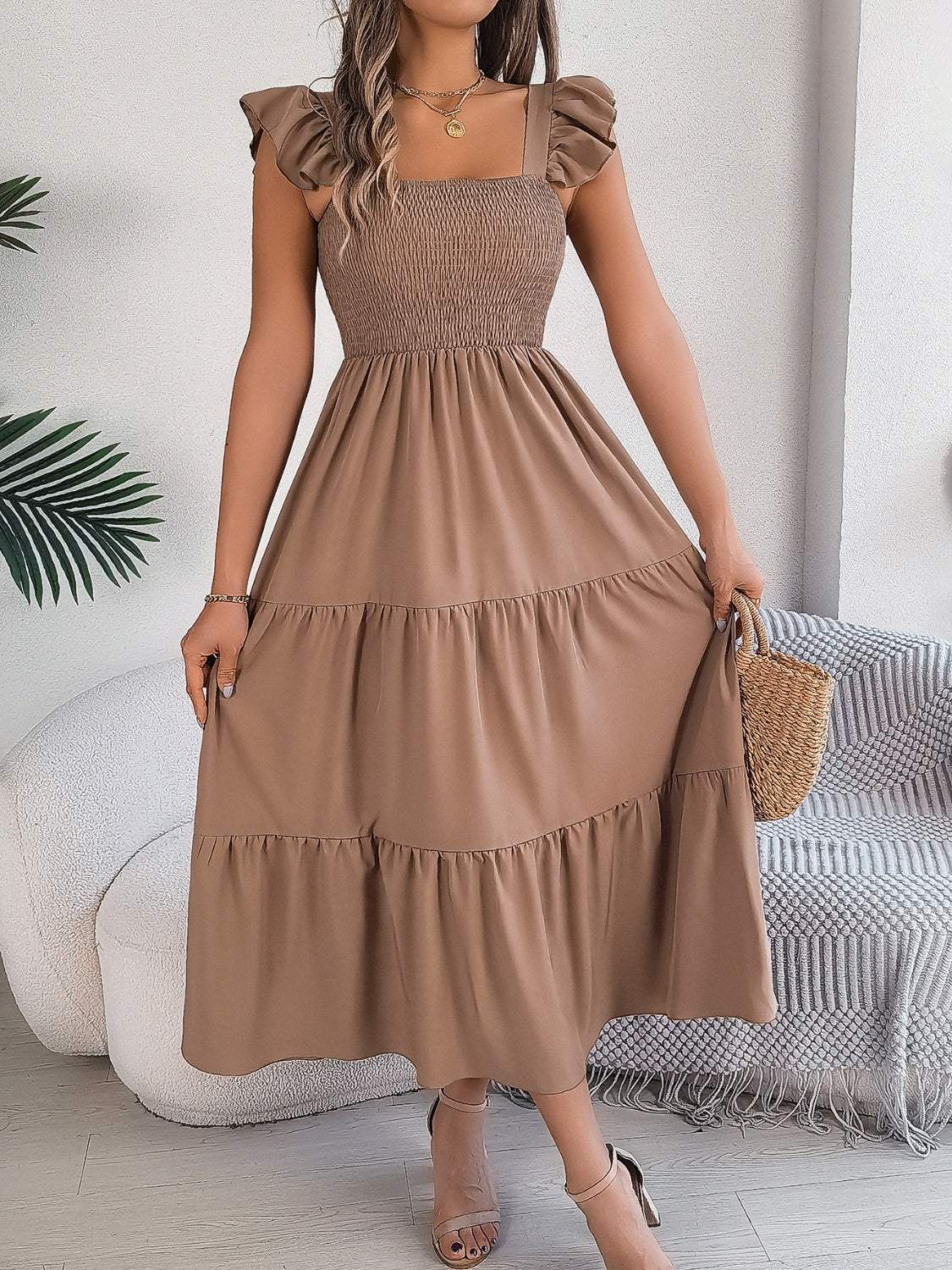Smocked Square Neck Cap Sleeve Midi Dress - Trendsi - Flyclothing LLC