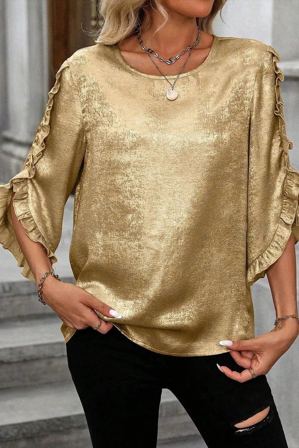 Metallic Luster Round Neck Frill 3/4 Sleeve Blouse - Trendsi
