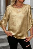 Metallic Luster Round Neck Frill 3/4 Sleeve Blouse - Trendsi