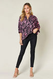 Double Take Full Size Printed Notched Three-Quarter Sleeve Blouse - Trendsi