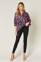 Double Take Full Size Printed Notched Three-Quarter Sleeve Blouse - Trendsi
