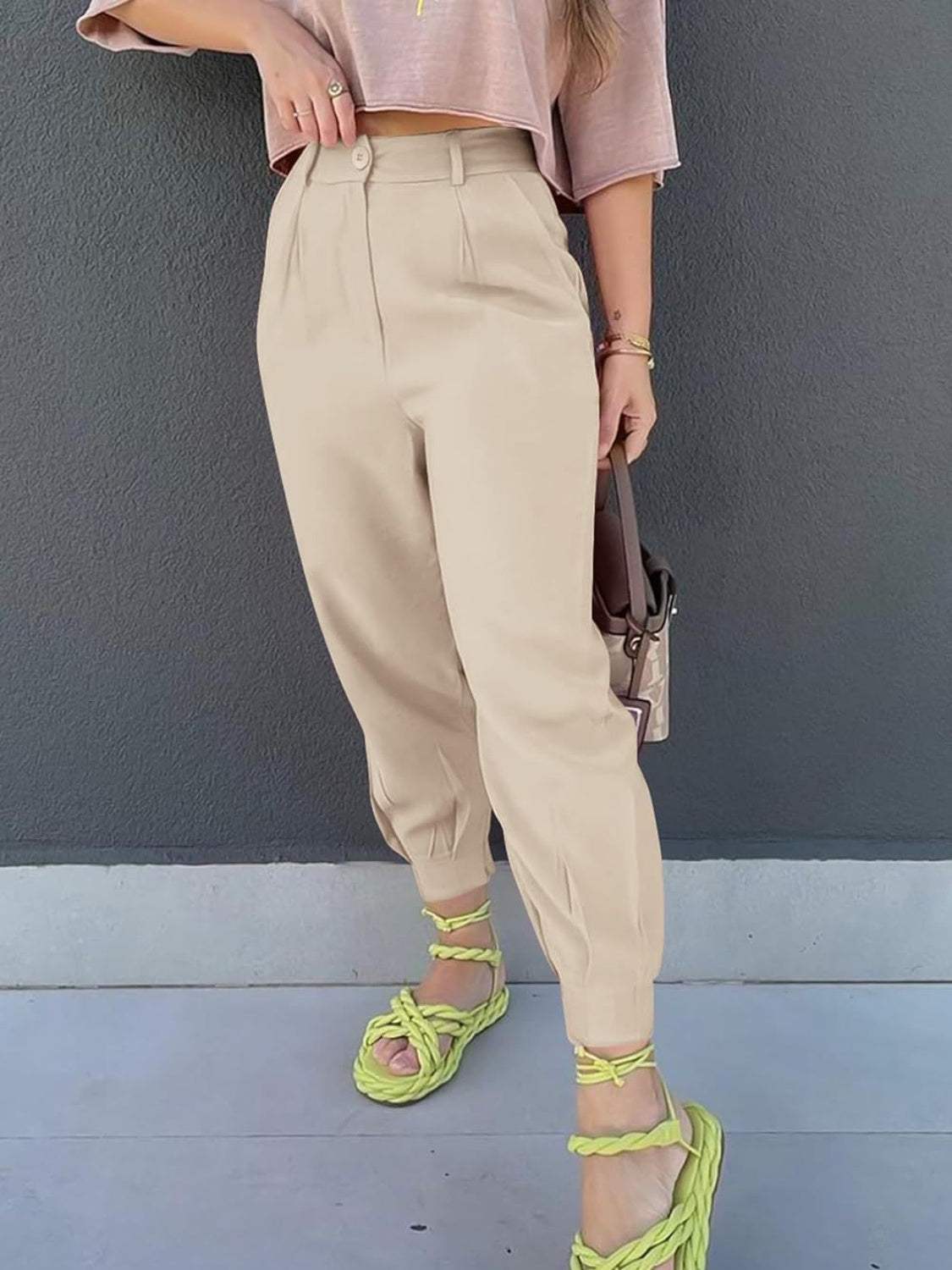 High Waist Cropped Pants - Trendsi - Flyclothing LLC