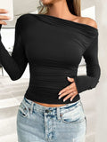 Ruched One Shoulder Long Sleeve T-Shirt - Trendsi - Flyclothing LLC