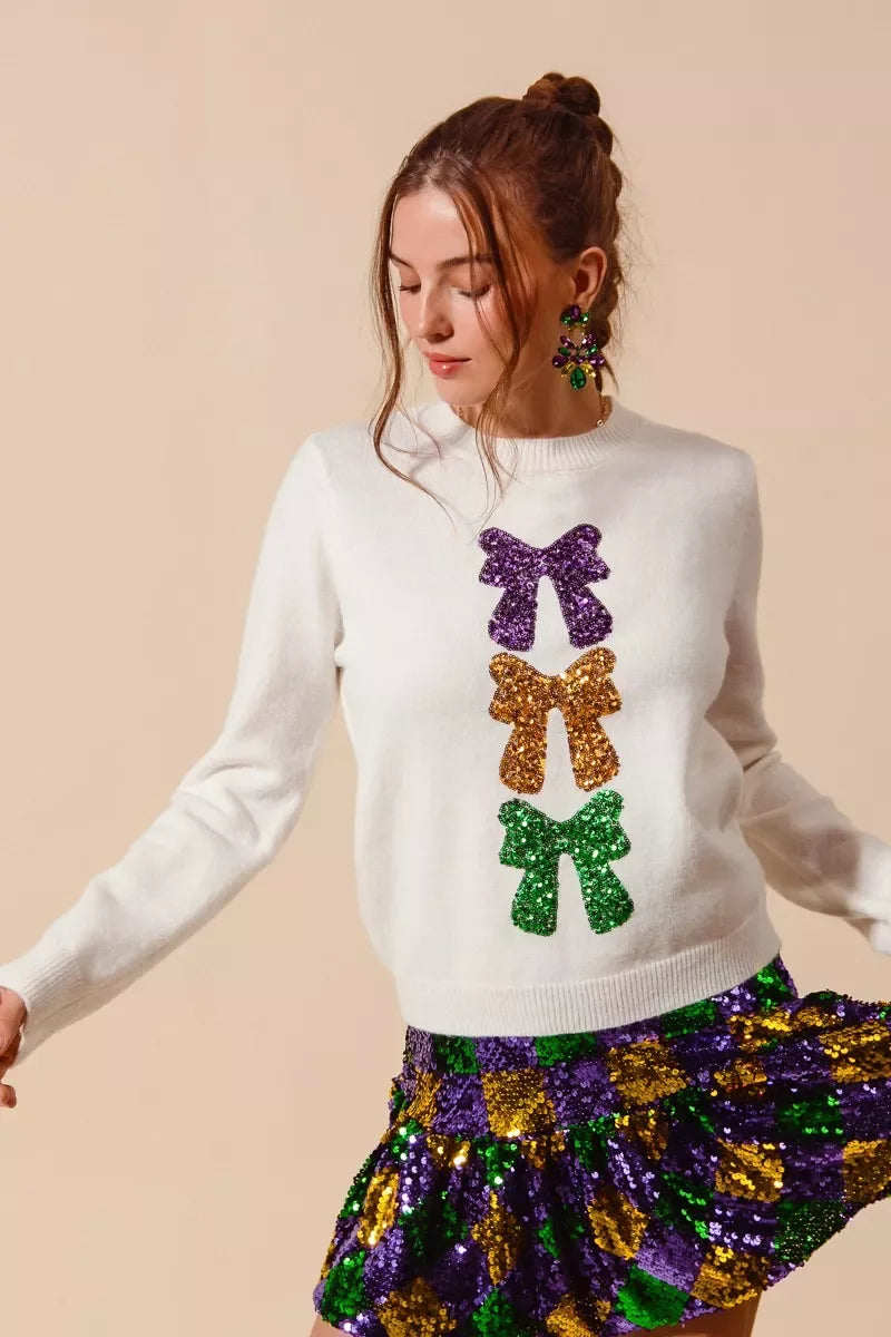 SO ME Mardi Gras Sequins Bow Ribbon Embellished Sweater - Trendsi - Flyclothing LLC
