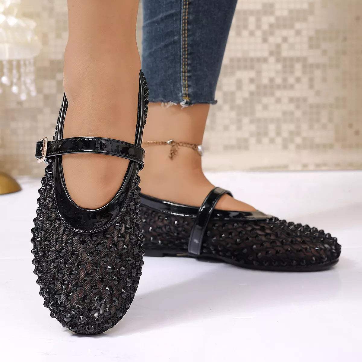 Sparkling Mesh Mary Jane Sneakers - Trendsi - Flyclothing LLC