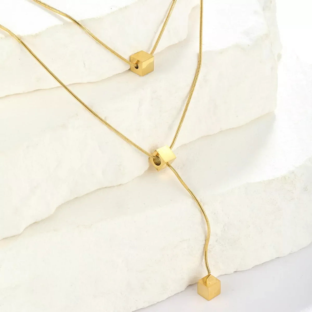 18K Gold-Plated Double Layered Geometric Necklace - Trendsi - Flyclothing LLC