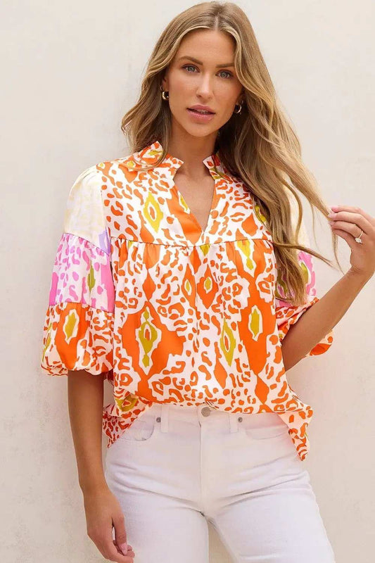 Printed Notched Half Sleeve Blouse - Trendsi - Flyclothing LLC