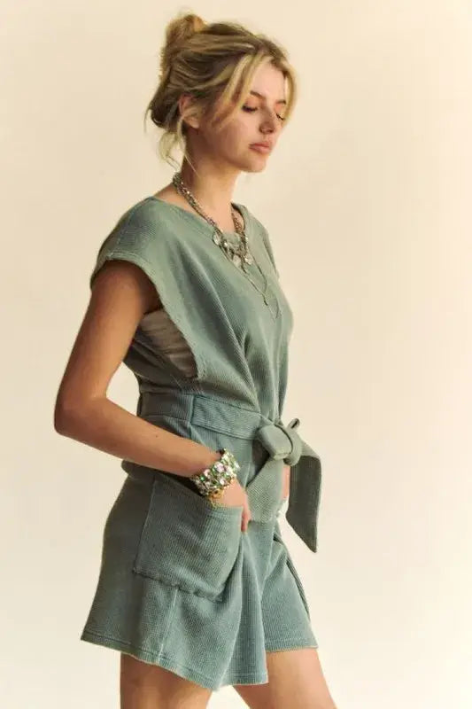 Davi & Dani Acid-Washed Waffle Knit Cuffed Sleeves Romper - Trendsi - Flyclothing LLC