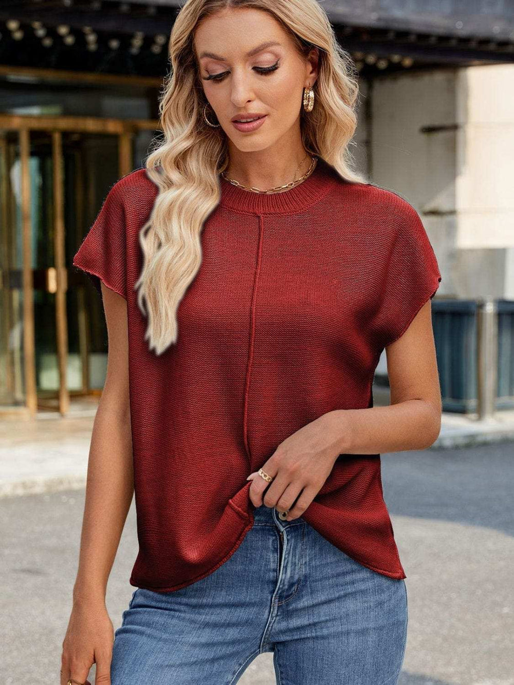 Exposed Seam Round Neck Short Sleeve Sweater - Trendsi - Flyclothing LLC
