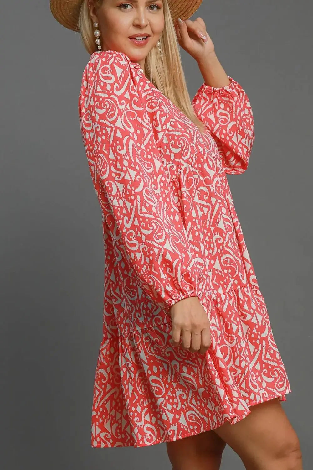 Umgee Full Size Two Tone Print Balloon Sleeve Tiered Dress Plus Size - Trendsi - Flyclothing LLC