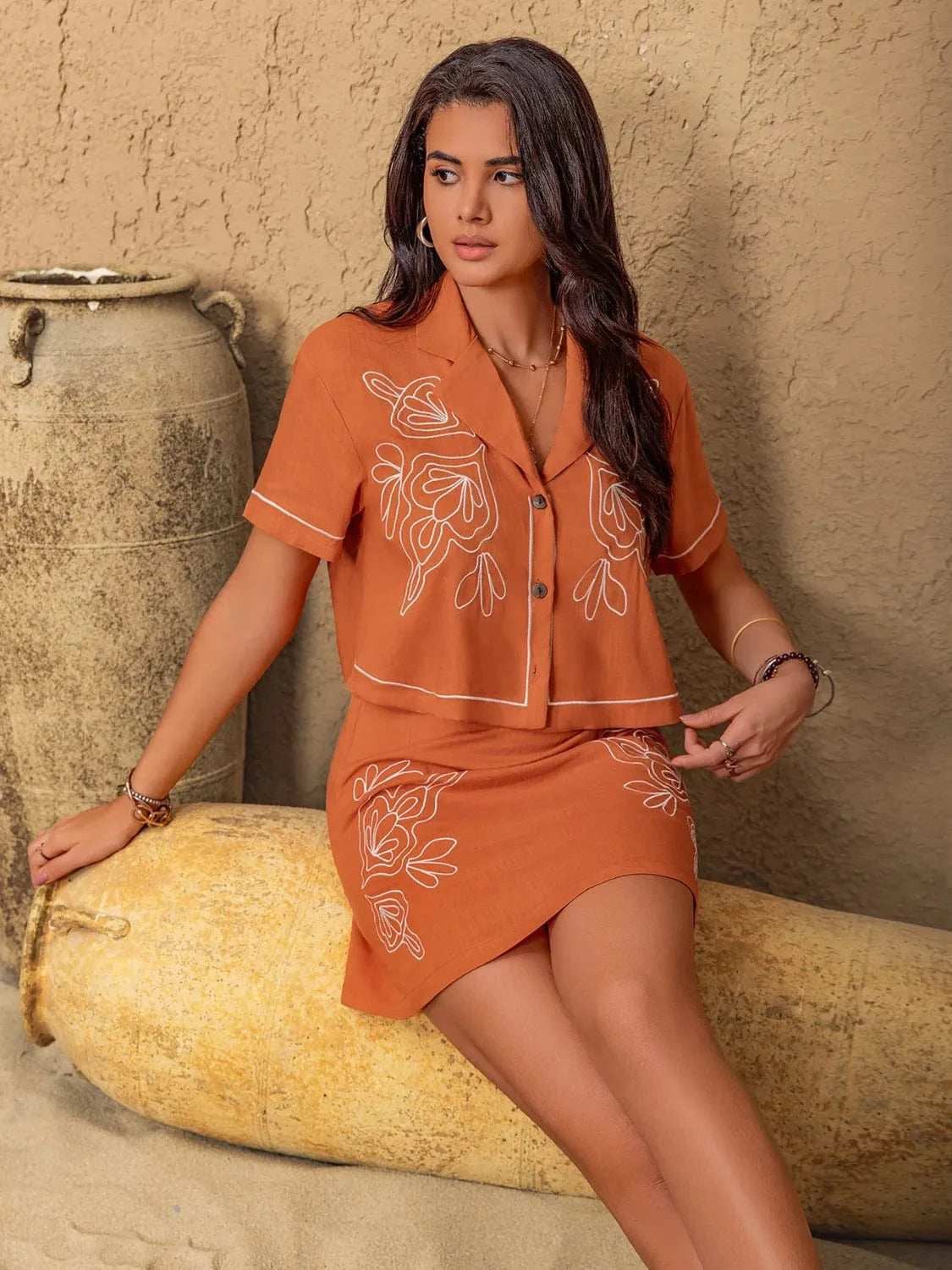 Embroidered Short Sleeve Top and Mini Skirt Set - Trendsi - Flyclothing LLC