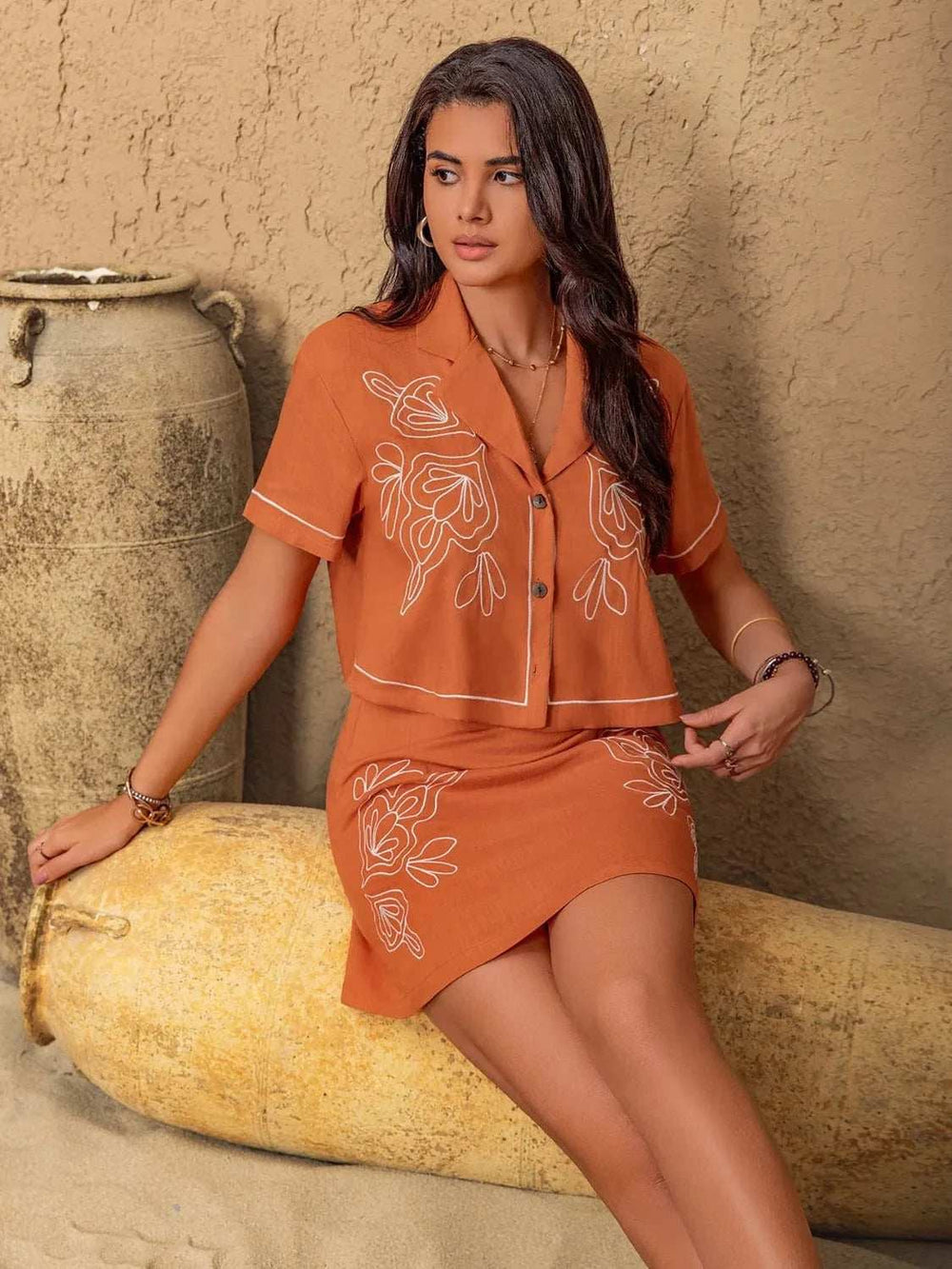 Embroidered Short Sleeve Top and Mini Skirt Set - Trendsi - Flyclothing LLC