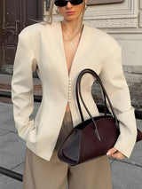 V-Neck Button-Up Blazer with Structured Shoulders - Trendsi - Flyclothing LLC