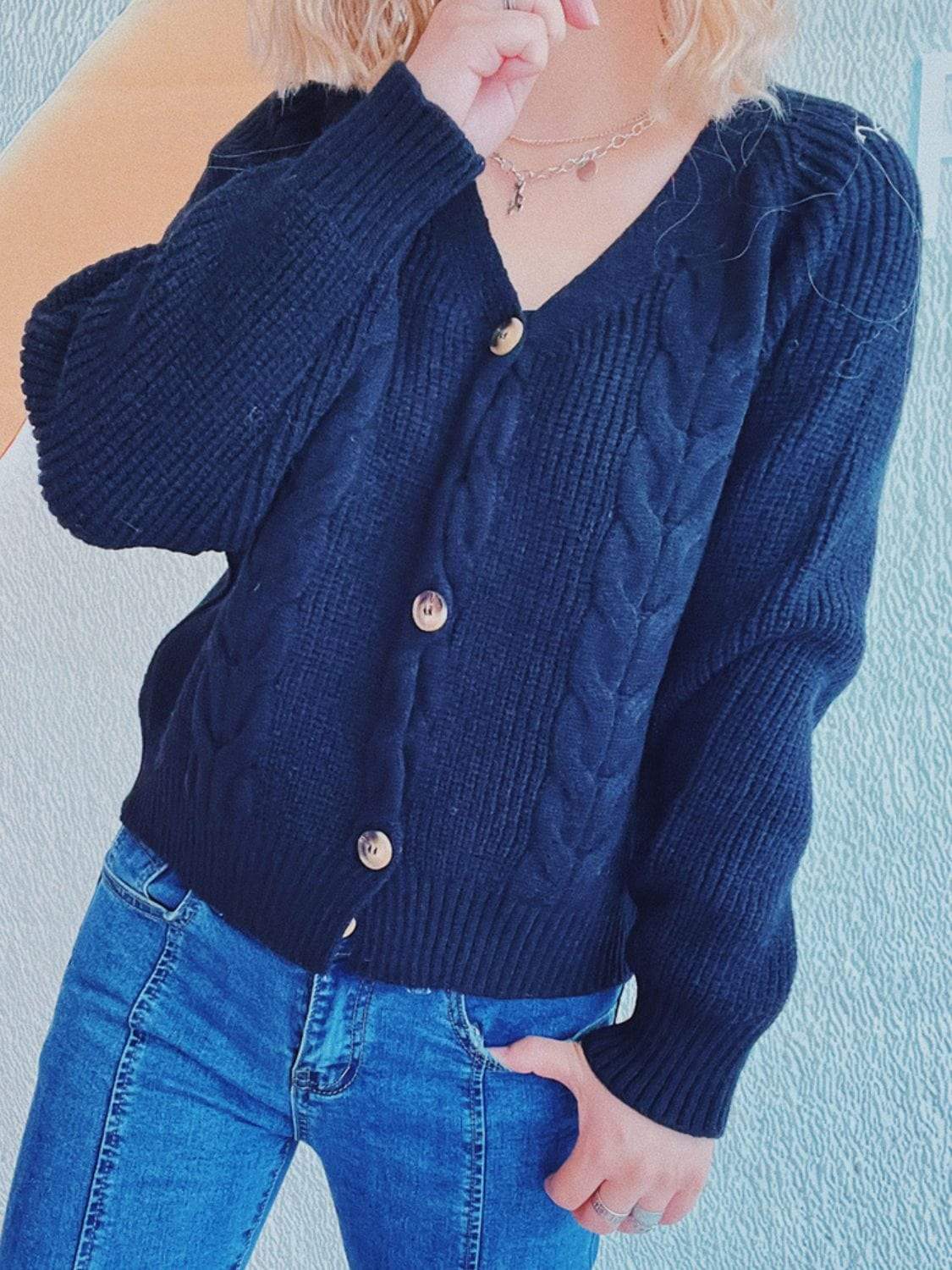 Cable-Knit V-Neck Button Down Long Sleeve Cardigan - Trendsi - Flyclothing LLC