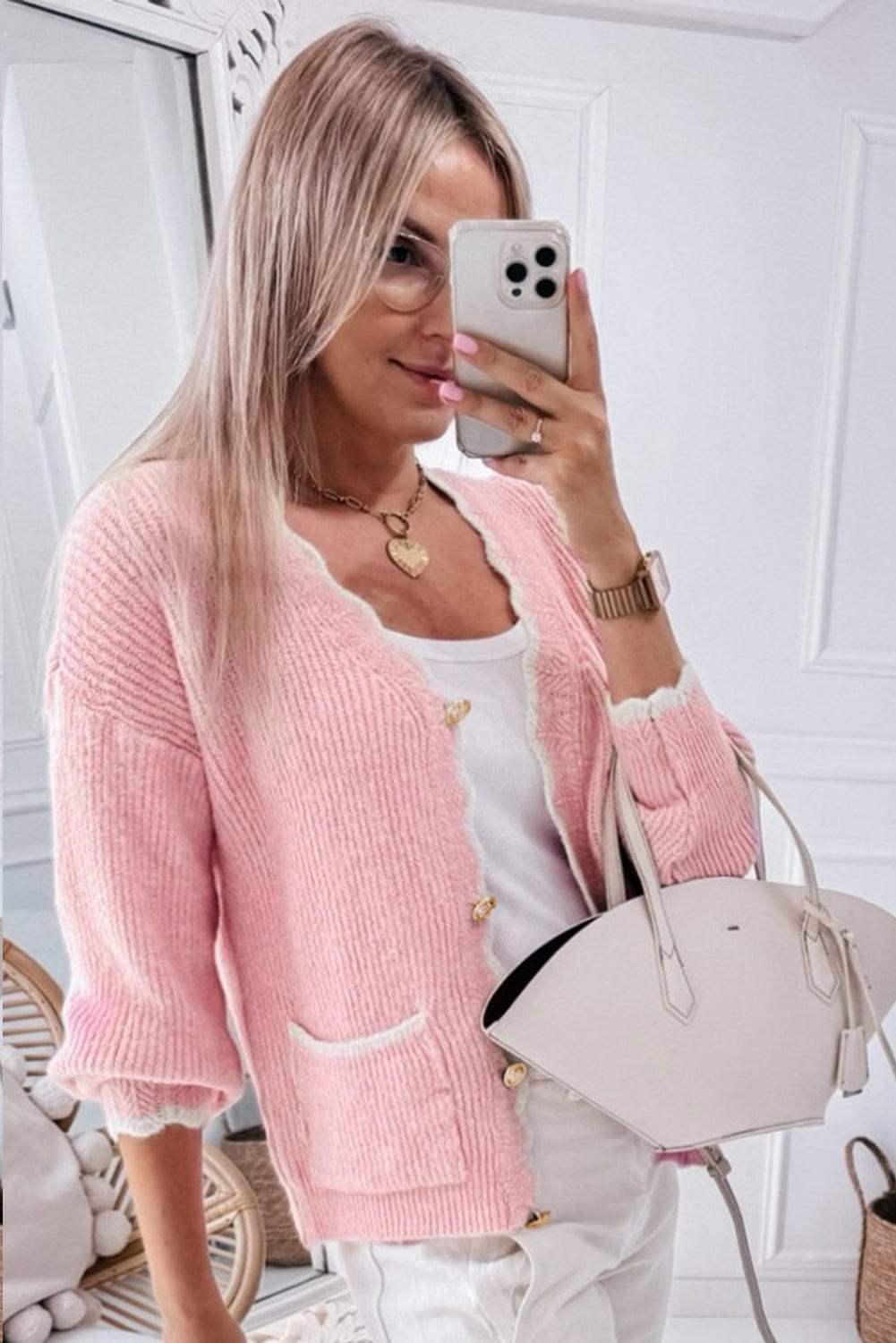 Contrast Trim V-Neck Long Sleeve Cardigan - Trendsi - Flyclothing LLC