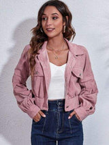 Button Down Collared Neck Cropped Jacket - Trendsi - Flyclothing LLC